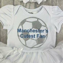 Load image into Gallery viewer, Manchester's Cutest Fan, white Tutu Romper with silver football and light blue writing, including matching white headband - Little Secrets Clothing