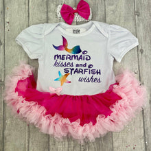Load image into Gallery viewer, Mermaid Kisses And Starfish Wishes Baby Girl Tutu Romper With Headband