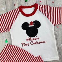 Load image into Gallery viewer, Disney First Christmas Pyjamas, Personalised Red & White Stripe Pjs