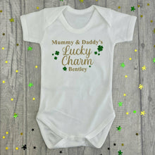 Load image into Gallery viewer, Personalised Irish Baby Boy St. Patricks Day Short Sleeve Romper, Mummy & Daddy's Lucky Charm