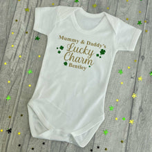 Load image into Gallery viewer, Personalised Irish Baby Boy St. Patricks Day Short Sleeve Romper, Mummy & Daddy's Lucky Charm