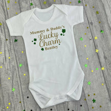Load image into Gallery viewer, Personalised Irish Baby Boy St. Patricks Day Short Sleeve Romper, Mummy & Daddy's Lucky Charm
