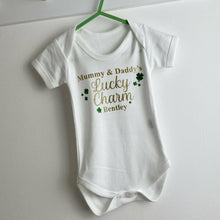 Load image into Gallery viewer, Personalised Irish Baby Boy St. Patricks Day Short Sleeve Romper, Mummy & Daddy's Lucky Charm