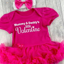 Load image into Gallery viewer, Mummy and Daddy's Little Valentine Baby Girl Tutu Romper With Matching Bow Headband, Valentine's White Glitter - Little Secrets Clothing