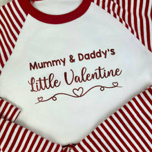 Load image into Gallery viewer, Personalised 'Little Valentine' Red/White Stripe Childrens Valentines Day Pyjamas