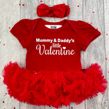 Load image into Gallery viewer, Mummy and Daddy's Little Valentine Baby Girl Tutu Romper With Matching Bow Headband, Valentine's White Glitter