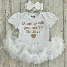 Load image into Gallery viewer, Mummy Will You Marry Daddy? Baby Girl Tutu Romper With Matching Bow Headband, Wedding, Engagement