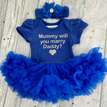 Load image into Gallery viewer, 'Mummy Will You Marry Daddy?' Baby Girl Tutu Romper With Matching Bow Headband, Wedding, Engagement