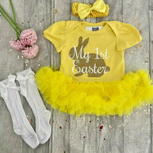 Load image into Gallery viewer, Baby Girl 1st Easter Outfit, Gold Easter Bunny Yellow Tutu Romper with Matching Knee High Socks, Tights or Tutu Ankle Socks