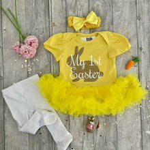 Load image into Gallery viewer, Baby Girl 1st Easter Outfit, Gold Easter Bunny Yellow Tutu Romper with Matching Knee High Socks, Tights or Tutu Ankle Socks