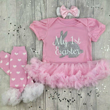 Load image into Gallery viewer, Baby Girl 1st Easter Outfit, Silver Easter Bunny Pink Tutu Romper with Matching Socks, Tights or Legwarmers