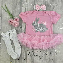Load image into Gallery viewer, Baby Girl 1st Easter Outfit, Silver Easter Bunny Pink Tutu Romper with Matching Socks, Tights or Legwarmers