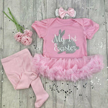 Load image into Gallery viewer, Baby Girl 1st Easter Outfit, Silver Easter Bunny Pink Tutu Romper with Matching Socks, Tights or Legwarmers