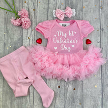 Load image into Gallery viewer, Baby Girls 1st Valentines Day Tutu Romper Set With Headband, Leg Warmers, Tights or Socks