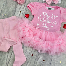Load image into Gallery viewer, Baby Girls 1st Valentines Day Tutu Romper Set With Headband, Leg Warmers, Tights or Socks