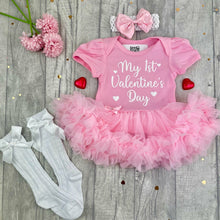 Load image into Gallery viewer, Baby Girls 1st Valentines Day Tutu Romper Set With Headband, Leg Warmers, Tights or Socks