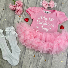Load image into Gallery viewer, Baby Girls 1st Valentines Day Tutu Romper Set With Headband, Leg Warmers, Tights or Socks