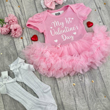 Load image into Gallery viewer, Baby Girls 1st Valentines Day Tutu Romper Set With Headband, Leg Warmers, Tights or Socks