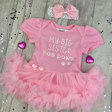 Load image into Gallery viewer, 'My Best Friend Has Paws' Baby Girl Tutu Romper With Matching Bow Headband Pet Gift, White Glitter Design