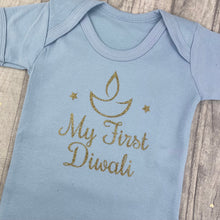 Load image into Gallery viewer, Baby’s My First Diwali Short Sleeve Romper, Gold glitter design, Hindu Celebration Romper