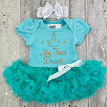 Load image into Gallery viewer, My First Diwali Baby Girl's Tutu Romper With Matching Bow Headband, Gold Glitter Diya/ Candle Design - Little Secrets Clothing
