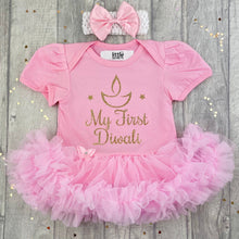 Load image into Gallery viewer, My First Diwali Baby Girl's Tutu Romper With Matching Bow Headband, Gold Glitter Diya/ Candle Design - Little Secrets Clothing