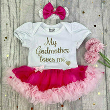 Load image into Gallery viewer, 'My Godmother Loves Me' Baby Girl Tutu Romper With Matching Bow Headband, Gold Glitter Design