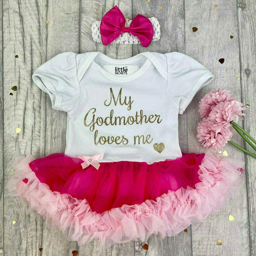 'My Godmother Loves Me' Baby Girl Tutu Romper With Matching Bow Headband, Gold Glitter Design