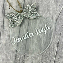 Load image into Gallery viewer, Personalised Christmas Bauble with Glitter Bow, Flat Christmas Decoration