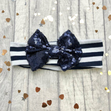 Load image into Gallery viewer, Baby Girl Multi Coloured Striped Headband with Light Blue or Navy Sequin Glitter Bow
