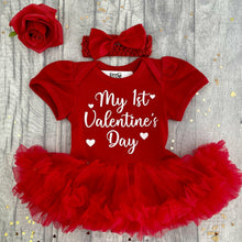 Load image into Gallery viewer, Baby Girls 1st Valentine's Day Dress, Newborn Red Tutu Romper with Bow Headband, White Love Hearts