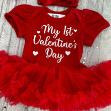Load image into Gallery viewer, Baby Girls 1st Valentine's Day Dress, Newborn Red Tutu Romper with Bow Headband, White Love Hearts
