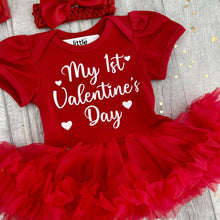 Load image into Gallery viewer, Baby Girls 1st Valentine's Day Dress, Newborn Red Tutu Romper with Bow Headband, White Love Hearts