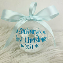 Load image into Gallery viewer, Baby's First Christmas Snow Filled Bauble, Snowflake Bauble, Baby Boys & Girls Bauble, Christmas Decoration/ Ornament