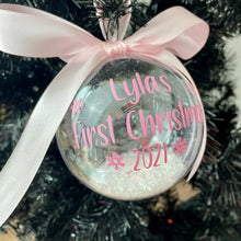Load image into Gallery viewer, Baby's First Christmas Snow Filled Bauble, Snowflake Bauble, Baby Boys & Girls Bauble, Christmas Decoration/ Ornament