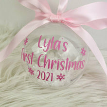 Load image into Gallery viewer, Baby's First Christmas Snow Filled Bauble, Snowflake Bauble, Baby Boys & Girls Bauble, Christmas Decoration/ Ornament