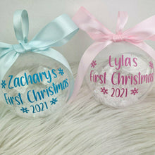 Load image into Gallery viewer, Baby's First Christmas Snow Filled Bauble, Snowflake Bauble, Baby Boys & Girls Bauble, Christmas Decoration/ Ornament
