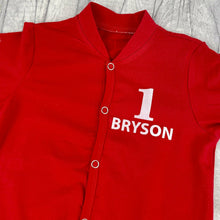 Load image into Gallery viewer, 1st Birthday Personalised Red Sleepsuit, Baby Boy's outfit with white design number and name.