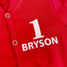 Load image into Gallery viewer, 1st Birthday Personalised Red Sleepsuit, Baby Boy's outfit with white design number and name.