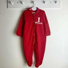 Load image into Gallery viewer, 1st Birthday Personalised Red Sleepsuit, Baby Boy's & Girl's outfit with white glitter design.