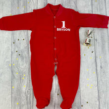 Load image into Gallery viewer, 1st Birthday Personalised Red Sleepsuit, Baby Boy's outfit with white design number and name.