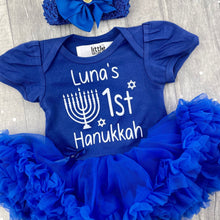 Load image into Gallery viewer, Personalised 1st Hanukkah Baby Girl Tutu Romper with Bow Headband, Menorah Candle - Little Secrets Clothing