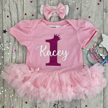 Load image into Gallery viewer, Personalised Baby Girls 1st Birthday Pink Tutu Romper Outfit with Matching Bow HeadbandPersonalised 1st Birthday Pink Tutu Romper