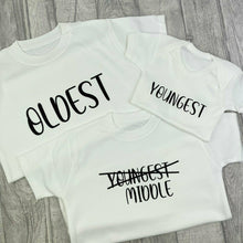 Load image into Gallery viewer, Baby Announcement Sibling T-Shirt & Romper 3 Set Oldest middle and youngest. Black glitter design