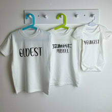 Load image into Gallery viewer, Baby Announcement Sibling T-Shirt & Romper 3 Set Oldest middle and youngest. Black glitter design