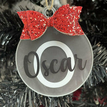 Load image into Gallery viewer, Personalised Christmas Bauble with Glitter Bow, Name & First Initial Flat Christmas Decoration