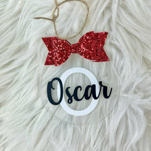 Load image into Gallery viewer, Personalised Christmas Bauble with Glitter Bow, Name & First Initial Flat Christmas Decoration