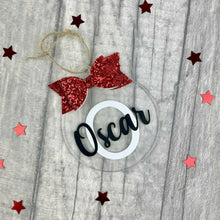 Load image into Gallery viewer, Personalised Christmas Bauble with Glitter Bow, Name & First Initial Flat Christmas Decoration