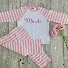 Load image into Gallery viewer, Personalised Curly Font Name pink and white girls pyjamas