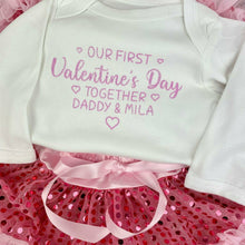 Load image into Gallery viewer, Baby Girls Personalised Our First Valentine's Day Together White Long Sleeve Romper with Pink Sequin Tutu Skirt Set